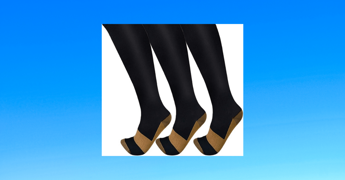 A close-up of FuelMeFoot copper compression socks showcasing their sleek design and durable material